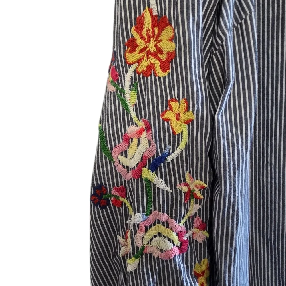 Talbots Blue Striped Blouse with Floral Embroidery - Picture 3 of 5